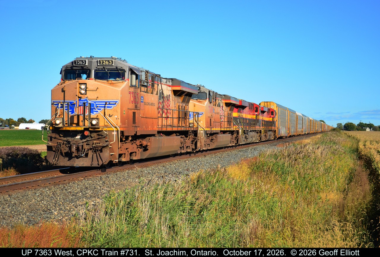 2 pair can sometimes win the pot.....  Well, not likely in this case, but  2 pair on CPKC Train #731 was nice to catch on Saturday, October 17th.  With a h/u as #731 left London I got home just in time from running errands to get trackside with about 20 minutes to spare.  With a train that would look more at home running in Texas or Arkansas, with UP/KCS power, I was able to snag this shot of UP 7363 leading a UP sister and a pair of KCS units westbound just outside of St. Joachim, Ontario.  Now if I could only have this kind of luck playing the lottery.....