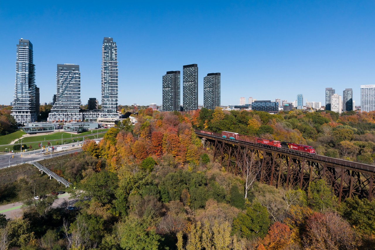 ...from the air!

First good train shot with the new drone... In this scene, CP Winnipeg train no.421 soars over Ernest Thompson Seton Park along the West Don River with a decent sized freight.