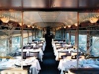 VIA's dining car "Alexandra" is all set for lunch service on train #1, The Canadian, somewhere in Northern Ontario.