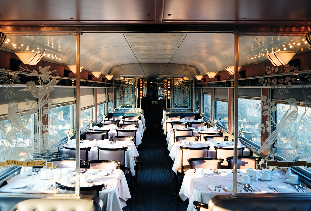 VIA's dining car "Alexandra" is all set for lunch service on train #1, The Canadian, somewhere in Northern Ontario.