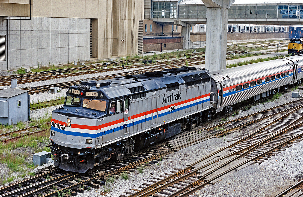 Amtrak F40PH #260 departs Toronto Union Station with VIA 97, the "Maple Leaf" bound for Niagara Falls and ultimately New York City.
