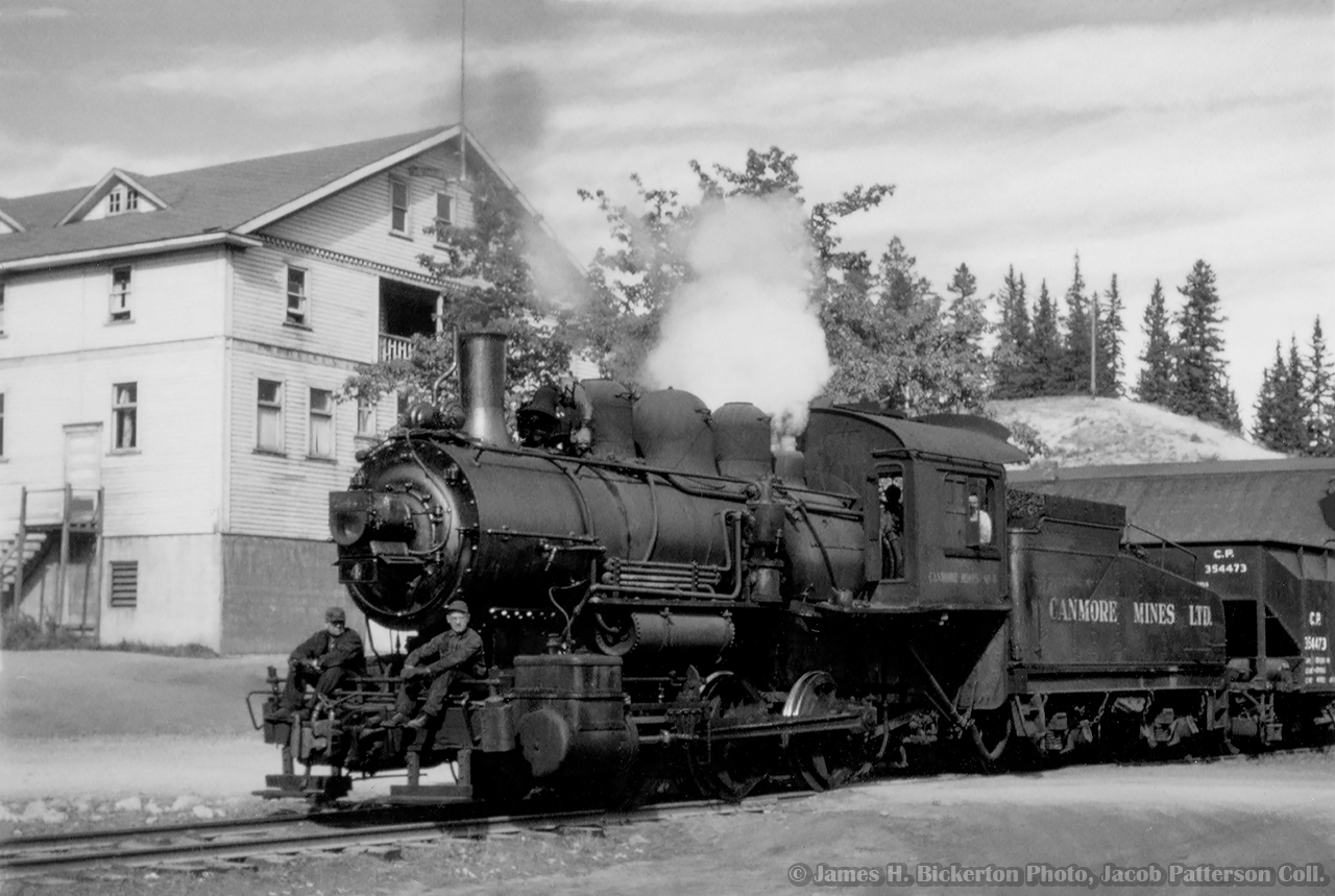 Canmore Mines Limited 0-6-0 #4 is seen moving coal hoppers around the facility just across the Bow River from the mines' namesake town.  Built by CPR's Angus Shops in 1905, the locomotive would be sold to Canmore Mines in 1934, until retirement between 1961 and 1963.  The locomotive would then be donated to Calgary's Heritage Park, with it is on display as CPR 2018.

James H. Bickerton Photo, Jacob Patterson Collection.

[Geotagged location not exact].