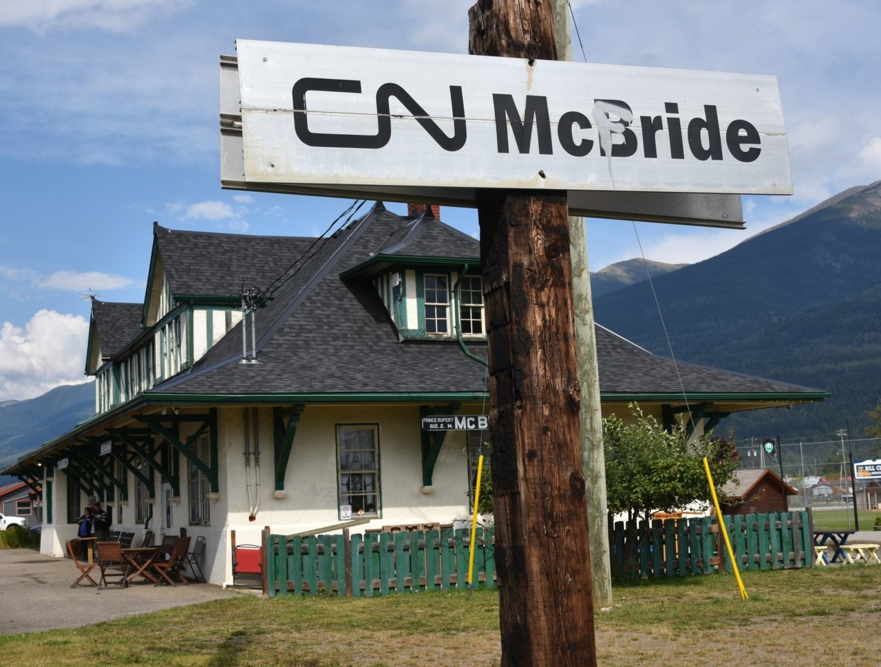 McBride or McFride   
My journey on VIA 005 The Skeena from Jasper, AB to Prince Rupert, BC is underway and a mid-day stop at CN's immaculate looking station in McBride, BC is an opportunity to snap a few pics. 
Unfortunately, the 'taggers' are everywhere doing their destructive 'art'. :-(