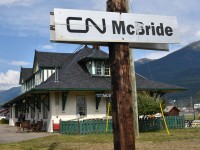 <b> McBride or McFride </b> <br> 
My journey on VIA 005 The Skeena from Jasper, AB to Prince Rupert, BC is underway and a mid-day stop at CN's immaculate looking station in McBride, BC is an opportunity to snap a few pics. <br>
Unfortunately, the 'taggers' are everywhere doing their destructive 'art'. :-(
