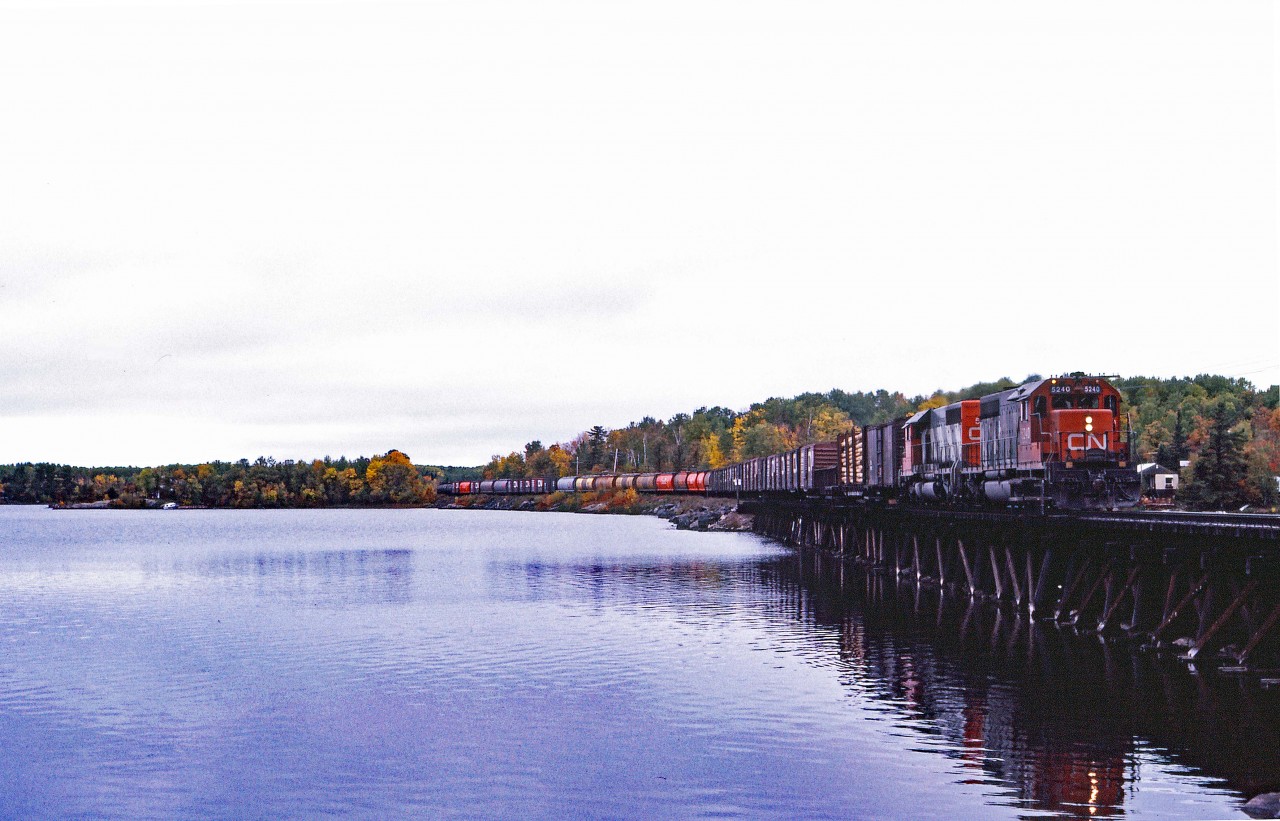 As northwestern Ontario's fall colours turn, CN's last SD40 leads a sister across the bridge at Windy Point (east of Fort Frances) on a cool, cloudy day in 1983. Train 408 is operating from Winnipeg's Symington Yard to Thunder Bay's Neebing Yard with a consist typical of the era--40 foot grain box cars, covered hoppers of grain, and various other merchandise traffic. At this time, pairs of "international service" SD40s powered most trains, including those to the Duluth, Winnipeg and Pacific which turn south at Duluth Jct about 10 miles west of here.