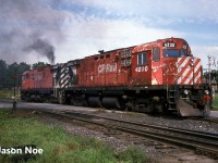 The CP London Pick-Up is viewed departing the yard at Woodstock, Ontario eastbound with C-424’s 4228 and 4230. The crew would take the siding at Coakley for a meet with a westbound before continuing on to Galt.  