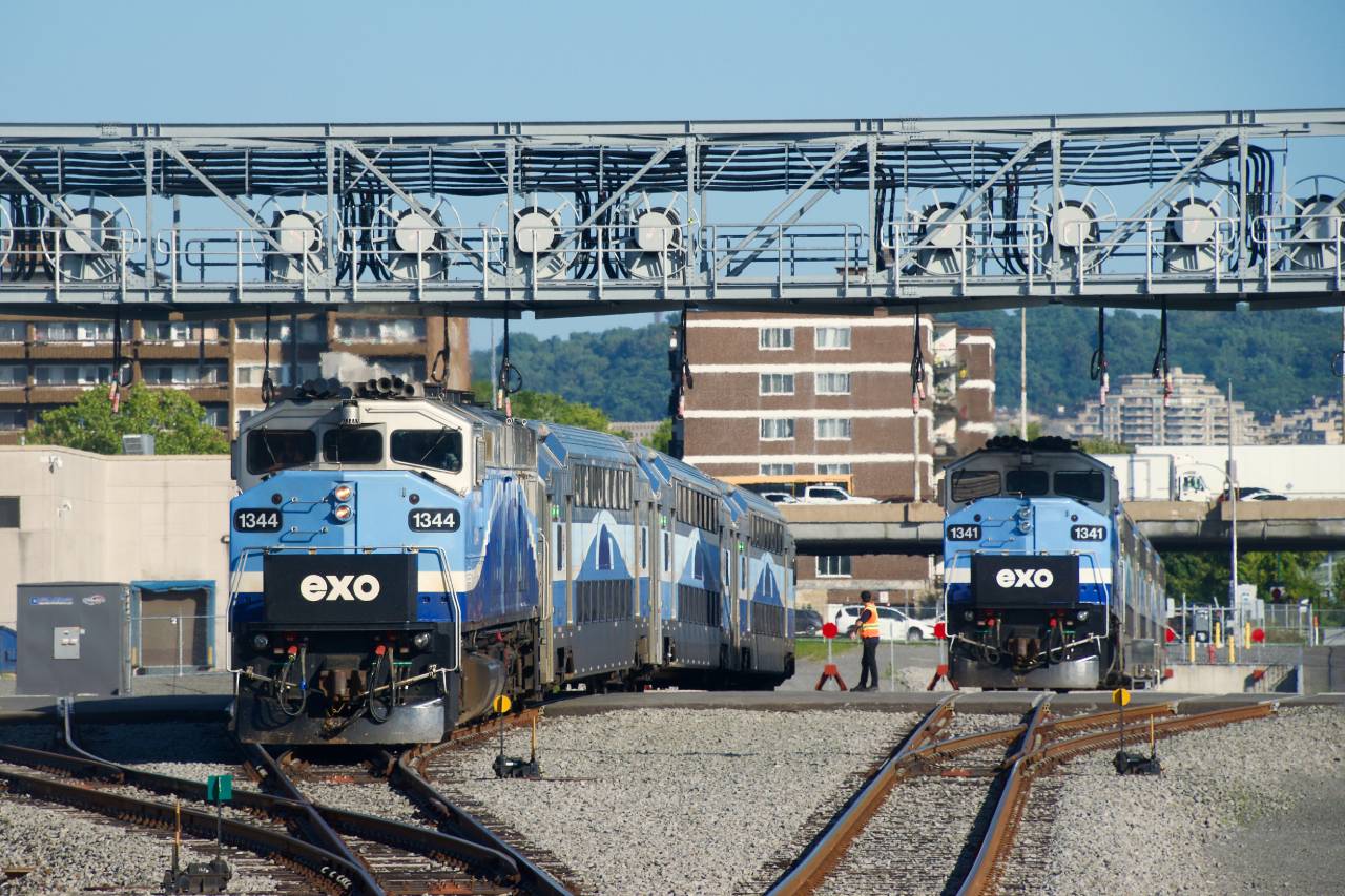 A few weeks back I rode EXO 1207 from the new Côte-de-Liesse station, where all Mascouche line trains now commence/terminate and which connects with the REM line. Here we see EXO 1207 at left starting to leave Lebeau Yard about twenty minutes before departure time. It will pull up to the nearby platform to board passengers.