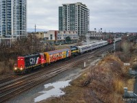 Flying through Liverpool just before 0700, a second CN L546 returns to CN rails from the Metrolinx portion of the Kingston Sub with heritage equipment for RERA Canada, all from the defunct York Durham Heritage Railway operation.  The overnight movement had <a href=https://www.railpictures.ca/?attachment_id=58783>lifted the equipment from Lincolnville</a> during the night, and shortly would terminate at Oshawa for remarshalling.  Movement to Mac Yard would follow later this evening before splitting the equipment up for the respective destinations of North Bay, ON, Kronau, Saskatchewan, and a single car to the Roanoke Chapter of the NRHS.


