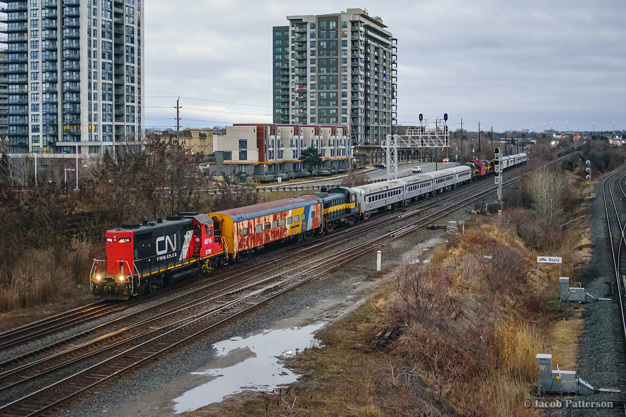Flying through Liverpool just before 0700, a second CN L546 returns to CN rails from the Metrolinx portion of the Kingston Sub with heritage equipment for RERA Canada, all from the defunct York Durham Heritage Railway operation.  The overnight movement had lifted the equipment from Lincolnville during the night, and shortly would terminate at Oshawa for remarshalling.  Movement to Mac Yard would follow later this evening before splitting the equipment up for the respective destinations of North Bay, ON, Kronau, Saskatchewan, and a single car to the Roanoke Chapter of the NRHS.