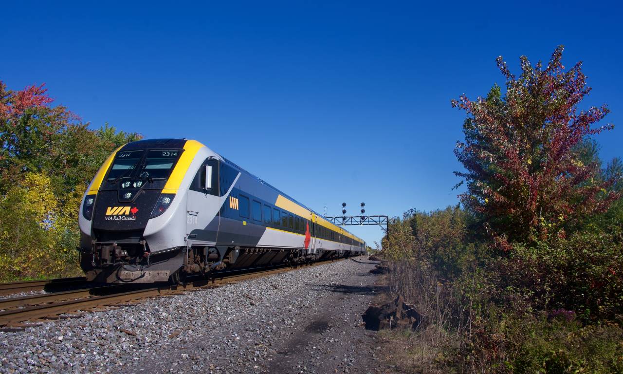 VIA 35 passes some fall colours as it prepares to make a stop at Coteau Station.