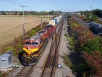 CPKC 133 is westbound through Sainte-Anne-de-Bellevue with a KCS/CP lashup. At right is the tail end of CN 875.