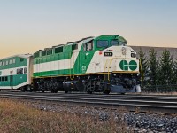 GO F59PH #521 pushes a westbound evening train full of commuters to a stop at Appleby. The 521 had recently been rebuilt and sports the short-lived and failed stylized "GO Transit" logo beneath the cab windows. The only other unit to wear this version of GO's logo beneath the cab windows was 520, and both were removed and replaced with the standard GO logo farther back in the white stripe shortly after this photo was taken. 527 was the one unique unit to wear this logo in a larger format on the sides of the locomotive. It only lasted a few months, reason being it was blurry and difficult to read. Very few photos exist of this logo on the motive power. Had I known it would shortly be phased out, I'd have pursued more opportunities to photograph these units.