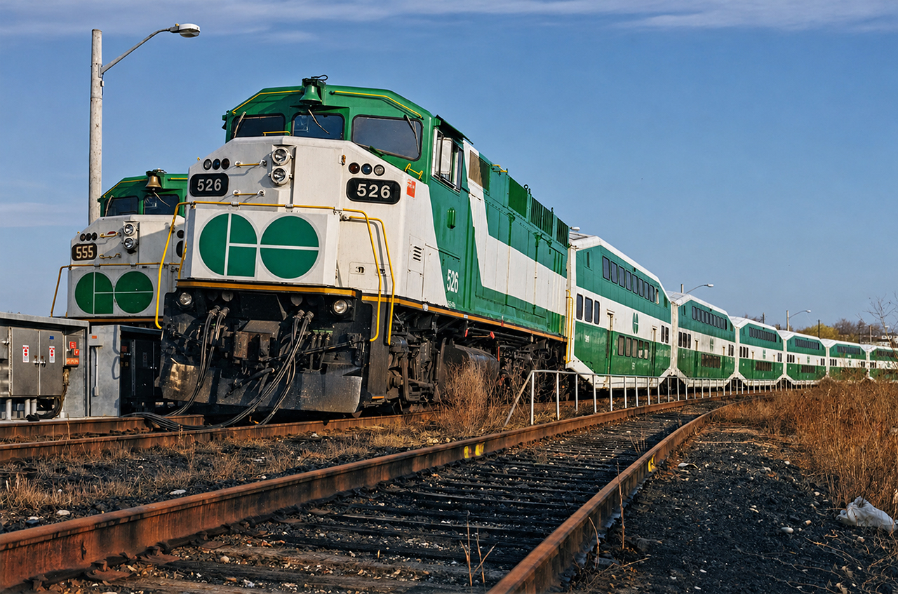 Newly overhauled GO F59PH 526 rests in Bradford's storage yard for the weekend. 555- or "triple nickel" as crews affectionately called her- can be seen on the track behind. At the time, only two trains serviced this line on a weekday-only basis, down in the morning and back in the evening.  The Newmarket Subdivision was still abandoned north of the station, only to see service extended to Barrie several years later. The lean of the train is genuine- no camera manipulation- as the storage tracks are in time middle of a substantial curve in the line, which I imagine was a secondary main at some point as it also serviced the station. The secondary storage track occupied by 555's consist has less of an easement. 555 had not yet received its initial overhaul when I took this photo and still sported its original number board.