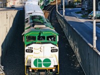 GO F59PH #532 is about to duck into the Hunter Street tunnel after departing the Hamilton GO Centre with an equipment move back to Willowbrook Yard. It was New Years Eve and GO ran early trains home so people could head to festivities with plenty of time to spare.
