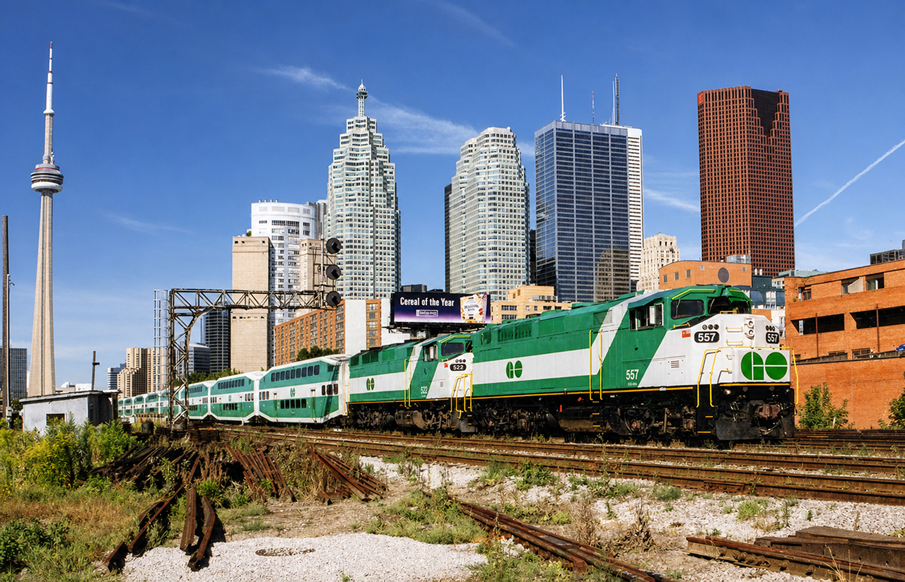GO F59PH 557 and sister 522 lead a string of 10 bilevels out of Toronto Union Station, eastbound for Oshawa on a late Saturday morning. The Exhibition was on and GO regularly added a second locomotive to its weekend Lakeshore line trains to assure schedules were met with the heavier crowds. This near-trackside location was just above Jarvis Street and was quite easily accessible buy foot, without trespassing or getting fussed at by anyone. Times sure have changed, as has the Toronto skyline.