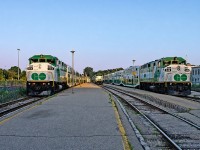 A trio of GO F59PHs prepare for the morning rush hour at Georgetown. There is a fourth train lurking behind the 548's consist to the right. Recorded locomotives were: 554 with the shortest train (6 cars) in the background on the second track to the left- this was the first to depart for Toronto Union Station. 548 was next with a rack of 9 bilevels, followed by 564 and 10 bilevels. Finally, unit 543- on the fourth track to the right- would vacate the GO platforms with her 8 bilevels and the scene would be empty until the parade began returning in the mid-afternoon through evening. Funny, I recorded the consists but failed to note the exact day, go figure...