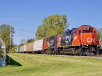 While not as interesting as the last set of GP9 rebuilds assigned to Brantford, consecutive numbered GP38 rebuilds are not a bad catch. CN’s desperation for four axle units has forced it to pick up some second hand GP38’s from other railroads. This pair formerly worked for Union Pacific. Here they are seen heading into Cainsville where they will work a tank car repair facility and lumber yard before heading back to Brantford yard. 