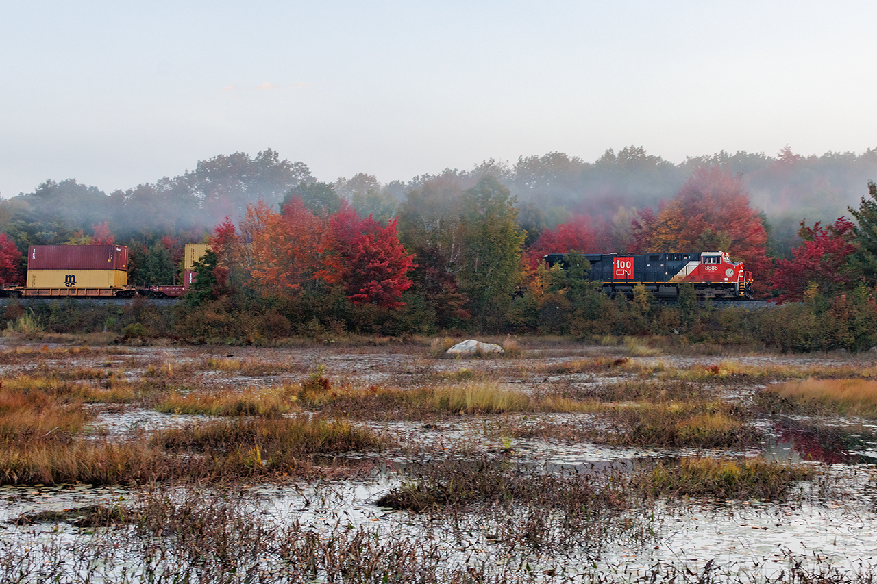 It's a cold morning, and the rising sun is stirring the fog as a southbound stacker heads for Toronto. Inn another hour, it will be a clear-as-a-bell perfect fall day.