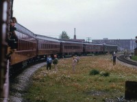An Ontario Rail Association trip to Orangeville behind ex CPR D10 1057 departs West Toronto station, swinging through the Galt Sub curve approaching Lambton and West Toronto yards.


<br><br><i>Scan and editing by Jacob Patterson.</i>