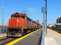 With the tail end clear of Oakville Yard, L554 CN 9547 IC 9615 CN 4716 throttles up as VIA 72 makes the station stop on T2. Oakville GO Station is in the beginning stages of improvements and enhancements which includes platform work and a new pedestrian bridge.
