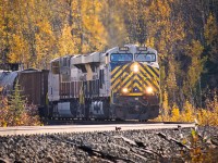 An increasingly rare sight these days. A pair of Ex-CREX locomotives lead a northbound manifest train up the Fort St. John sub.