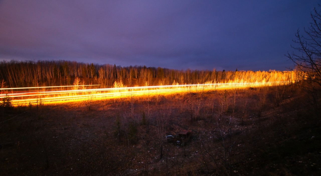 CN 3843 leads a northbound LPG train towards Fort St. John in the dark. Taken with a 30 sec exposure.