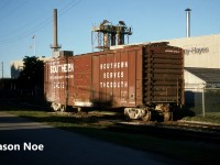 During an early summer morning, Southern Railroad boxcar 34312 basks in the sun as it sits outside the Kelsey-Hayes facility in Woodstock, Ontario. The industrial spur to this plant was located off the former CN Hickson Spur and the CP trackage to reach it was reconfigured, so it was accessed out of the Woodstock yard passing track near Oxford Street. The plant lasted a couple more decades before it was eventually shuttered and demolished. 