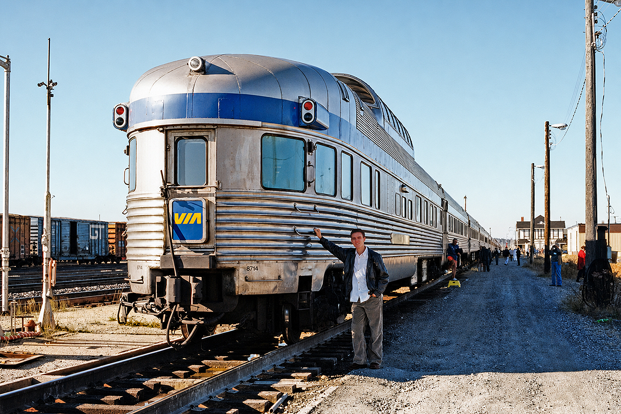 Yours Truly beside the Strathcona Park car, on a longer stop at Sioux Lookout on the way from Toronto to Vancouver. My dad and I had a sleeper in this car, and the trip across the country was unforgettable.