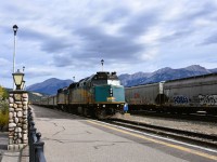 <b> The Canadian </b> <br>
VIA 001 The Canadian is rolling along the station track in front of Jasper station.