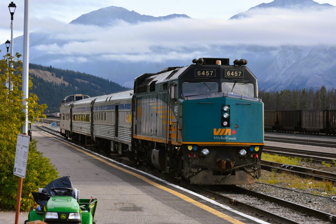 Wyed and waiting on the station track  
VIA 005 The Skeena with VIA 6457 on the point has been turned on the wye in CN's Jasper Yard and is being serviced prior to pulling in front of the station to entrain passengers for the two-day trip from Jasper to Prince Rupert.