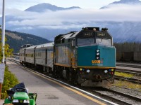 <b> Wyed and waiting on the station track </b> <br>
VIA 005 The Skeena with VIA 6457 on the point has been turned on the wye in CN's Jasper Yard and is being serviced prior to pulling in front of the station to entrain passengers for the two-day trip from Jasper to Prince Rupert. <br>