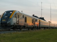 Upon being contacted yesterday by fellow contributor <a href="https://railpictures.ca/author/awmooney"> A.W. Mooney </a> notifying me that <a href="http://www.railpictures.ca/?attachment_id=60318"> VIA 908, </a> 912, 916 and 919 are currently being scrapped", I thought it only fitting to show my first photo of the new Siemens trainset. 
<br>
<br>
Guess the setting sun, reflecting off of the train foreshadowed what was inevitable. Hopefully the same mistake won't get made again, as it was long ago (with not saving either a Turbo or a Bombardier LRC engines), that one P42 would be donated to Exporail museum. 