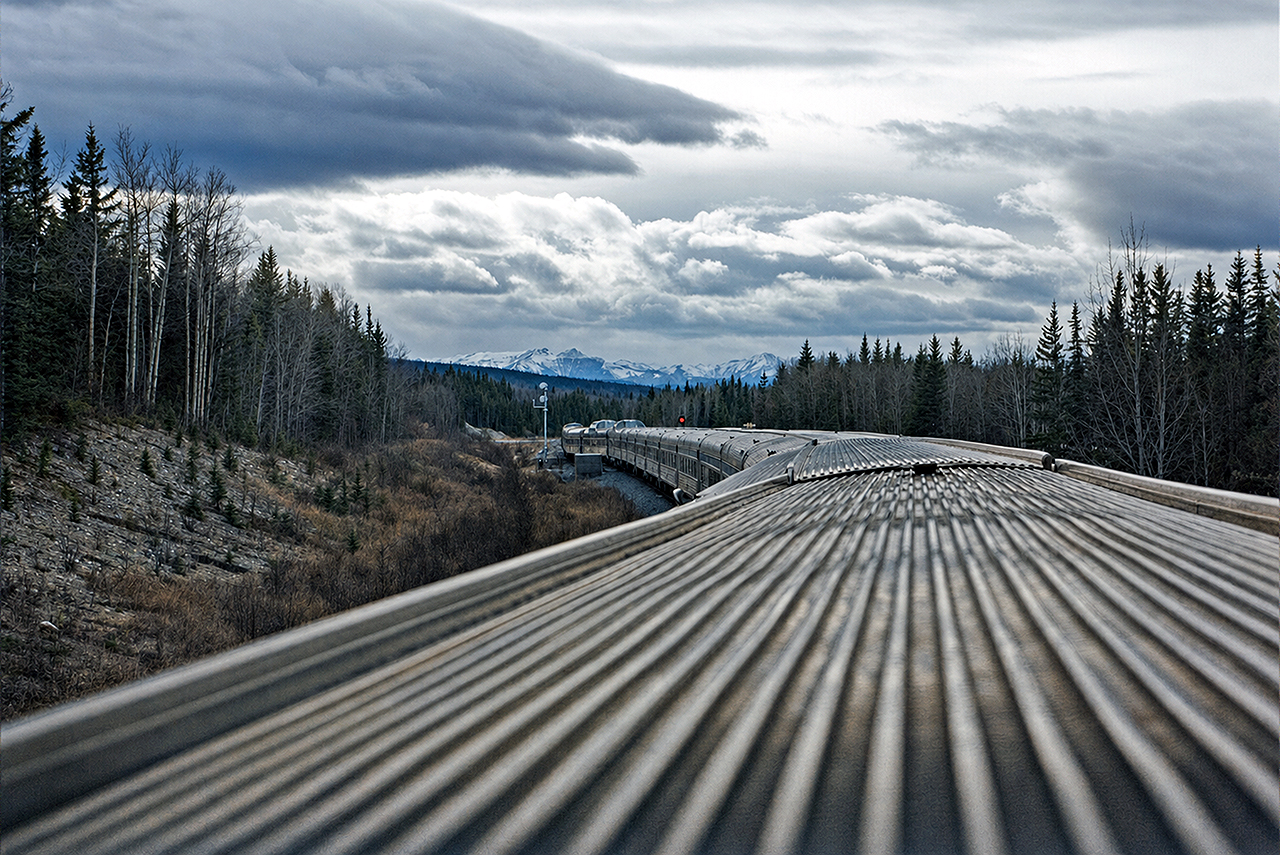 The view of VIA train #1 taking a siding from the dome of Strathcona Park, heading west toward the Rockies somewhere near Hinton, Alberta.