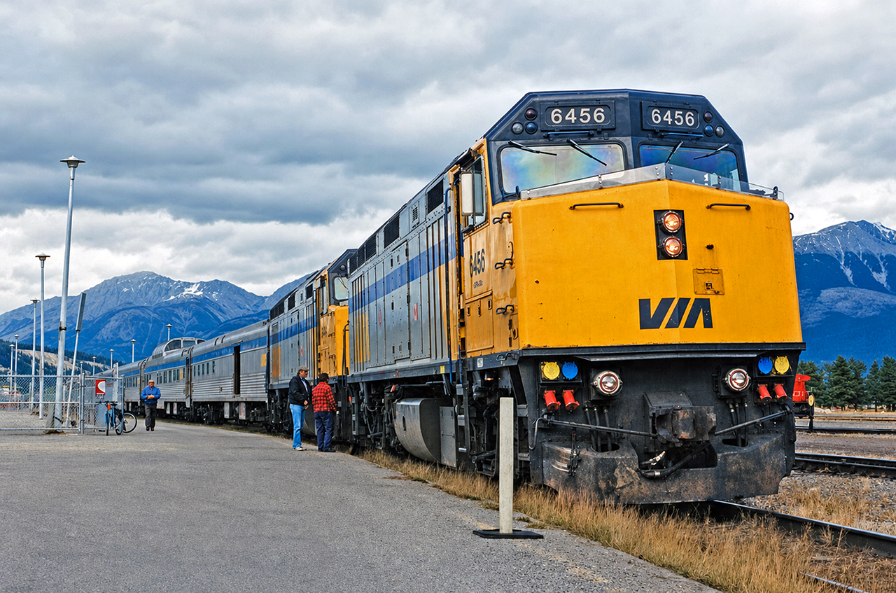 VIA F40PHs 6456 and 6444 have just arrived in Jasper with VIA train #1, The Canadian, from Toronto. I was on this train with my father- we had a sleeper in the Park car and continued on the rest of the way to Vancouver. 6456 was about to be removed from the train and exchanged for the 6454. The longer station stop provided ample time to explore Jasper and watch the service operations of the train.