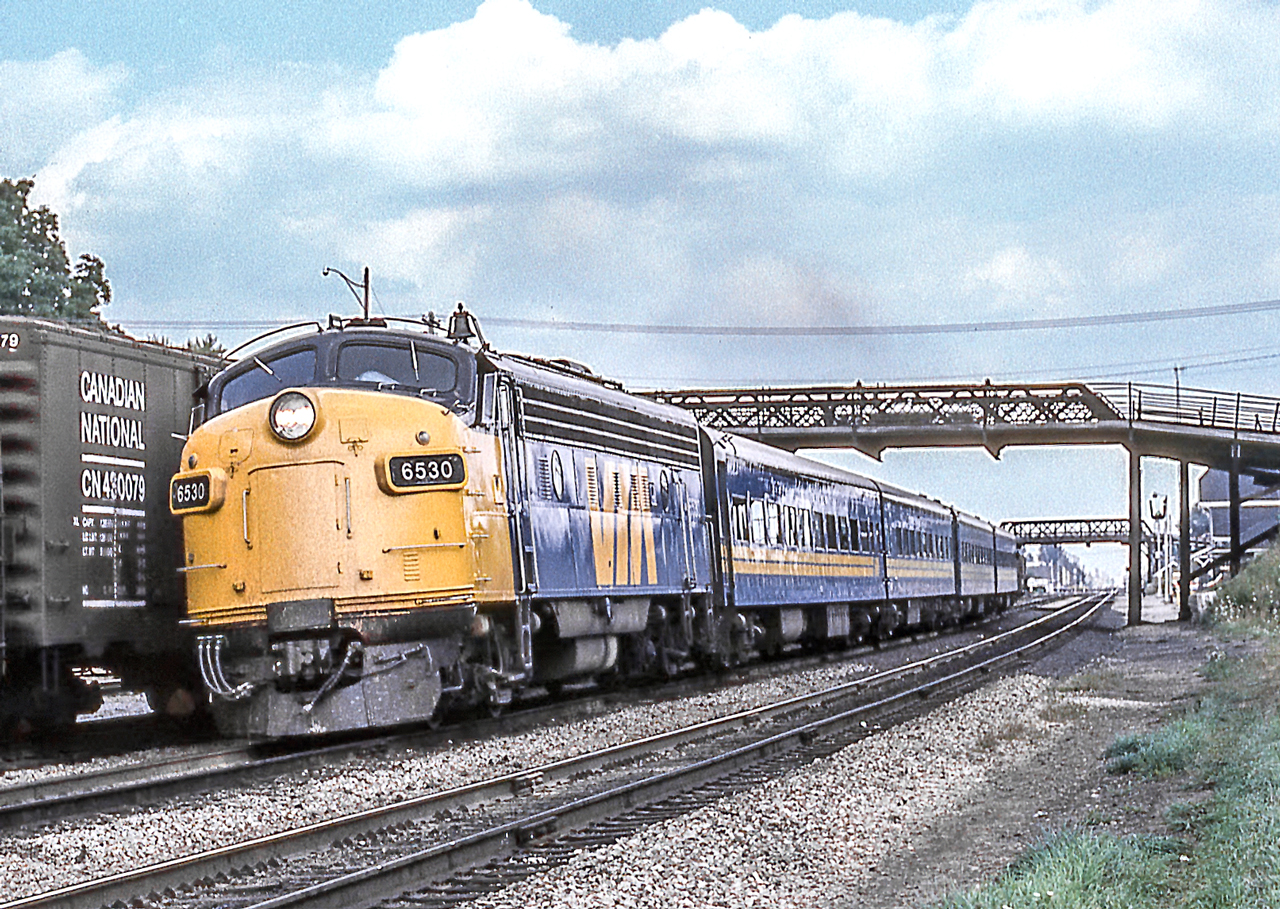 VIA 6530 is in Woodstock, Ontario on August 14, 1982.
