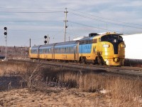 <br>
<br>
Definitely the CN Bala Sub at Richmond Hill.
<br>
<br>
My notes have this as VIA #120 Saturday only scheduled 13:10 Union arrival – except the shadows are rather long...
<br>
<br>
Officially the Northlander trains were ONR #121 and 122. 
<br>
<br>
The CN weekend  service for  Muskoka and beyond was originally conventional equipment until the mail contracts were canceled, then Budd cars throughout the late sixties / seventies.  And throughout the eighties VIA employed otherwise idle ONR equipment.
<br>
<br>
And do consider - during this time CN Washago was serviced by 44 passenger trains each week.
<br>
<br>
At track speed clearing the Elgin Mills crossing March 29, 1980 Kodachrome by S.Danko
<br>
<br>