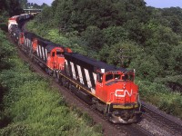 Westbound CN 3553 (MLW M420W) heads towards Bayview Junction, Ontario on 08/10/1987.